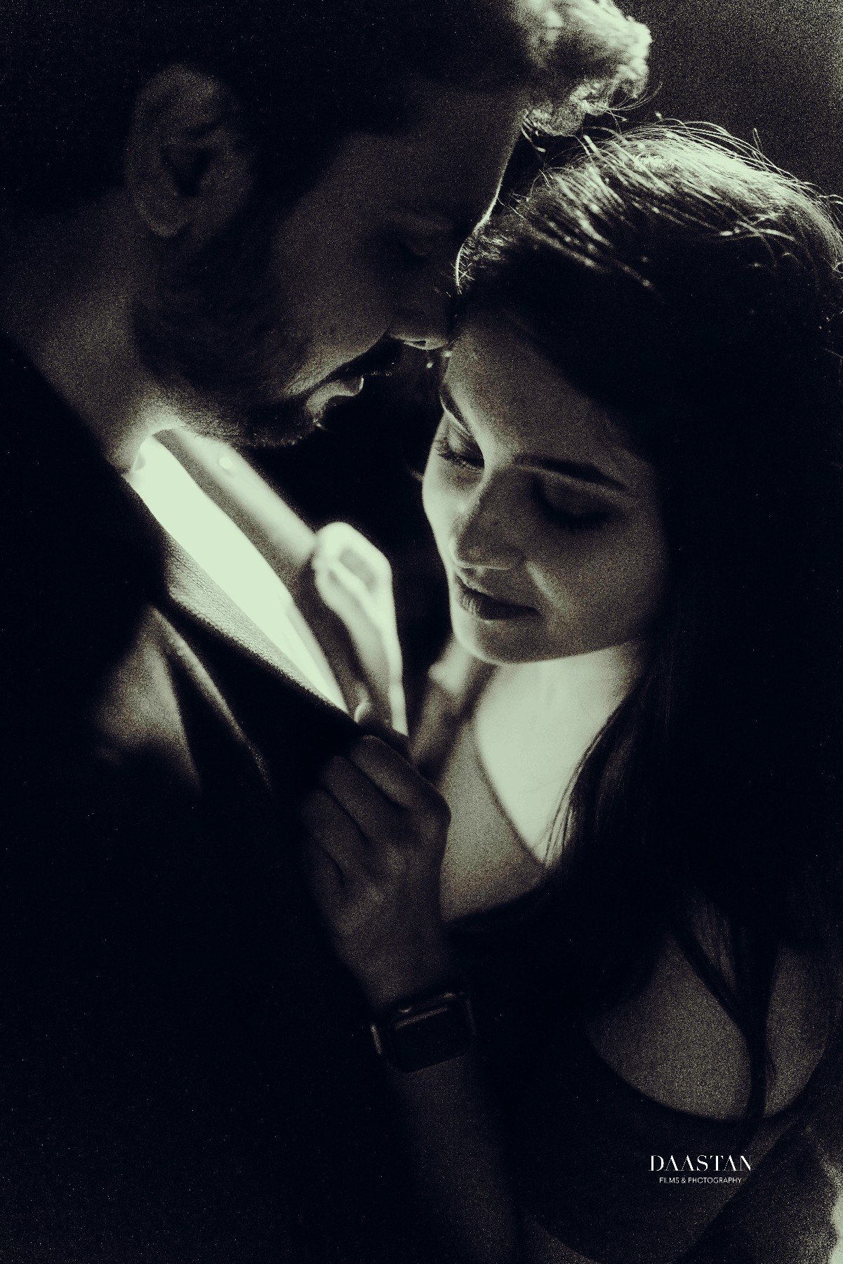 Black and white romantic pre-wedding cinematic portrait of couple, professional Indian wedding photography