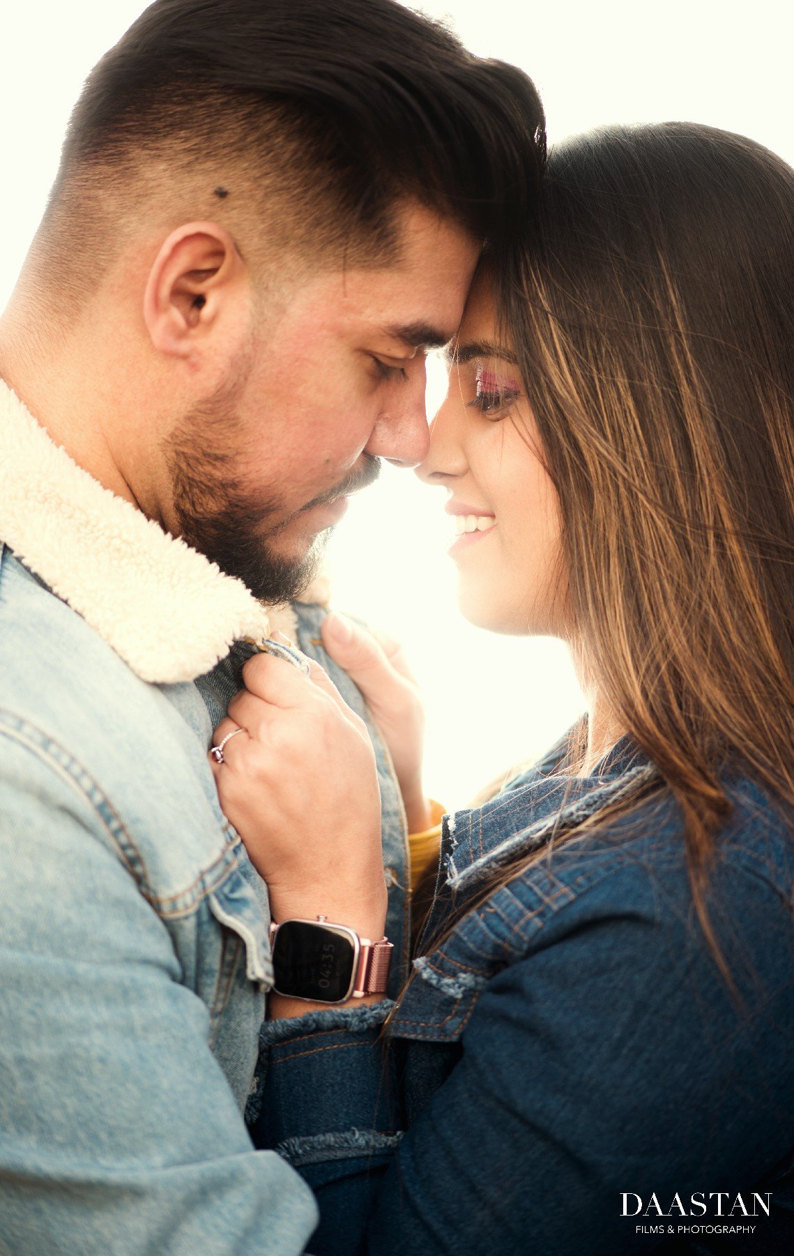 Romantic close-up of couple at beach during pre-wedding shoot, Indian couple photography