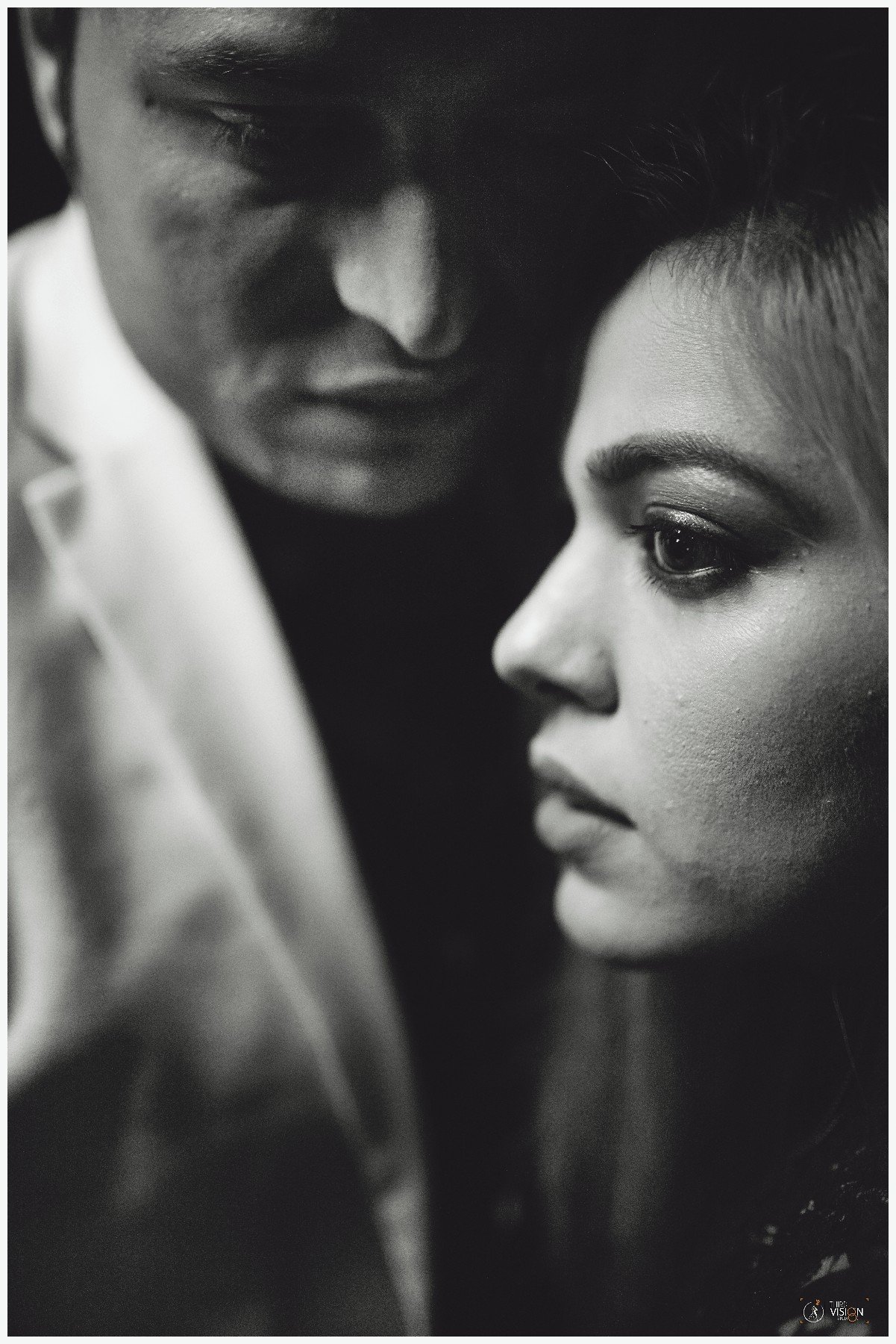 Artistic black and white close-up pre-wedding portrait, creative couple photography India