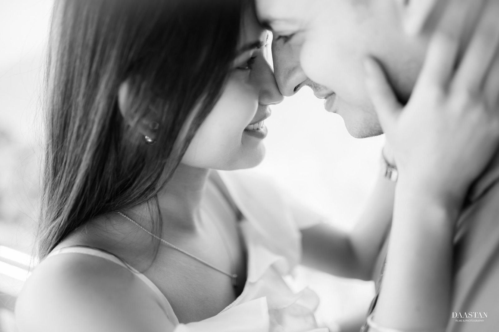 Intimate black and white close-up pre-wedding portrait, artistic couple photography India