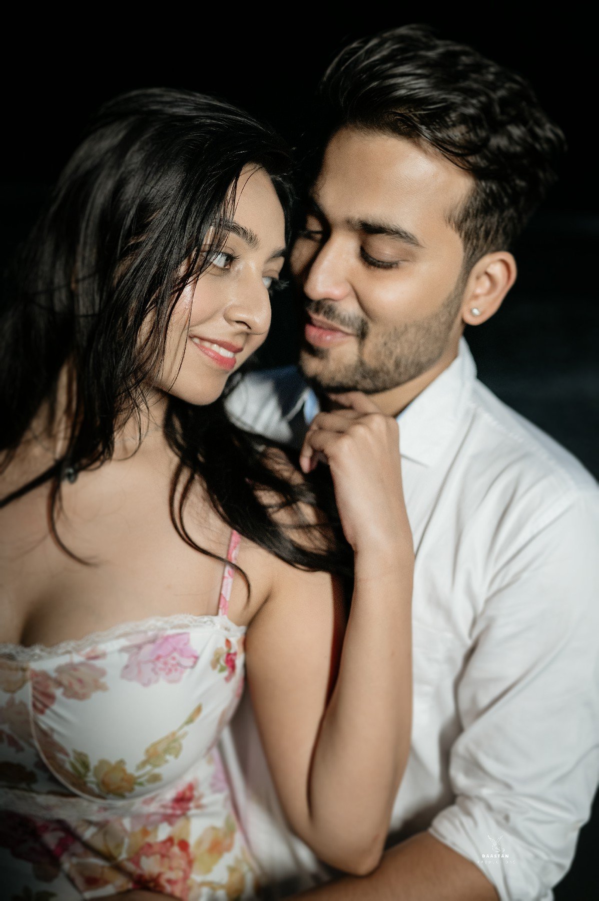Couple in floral dress during outdoor pre-wedding shoot, Indian couple photography