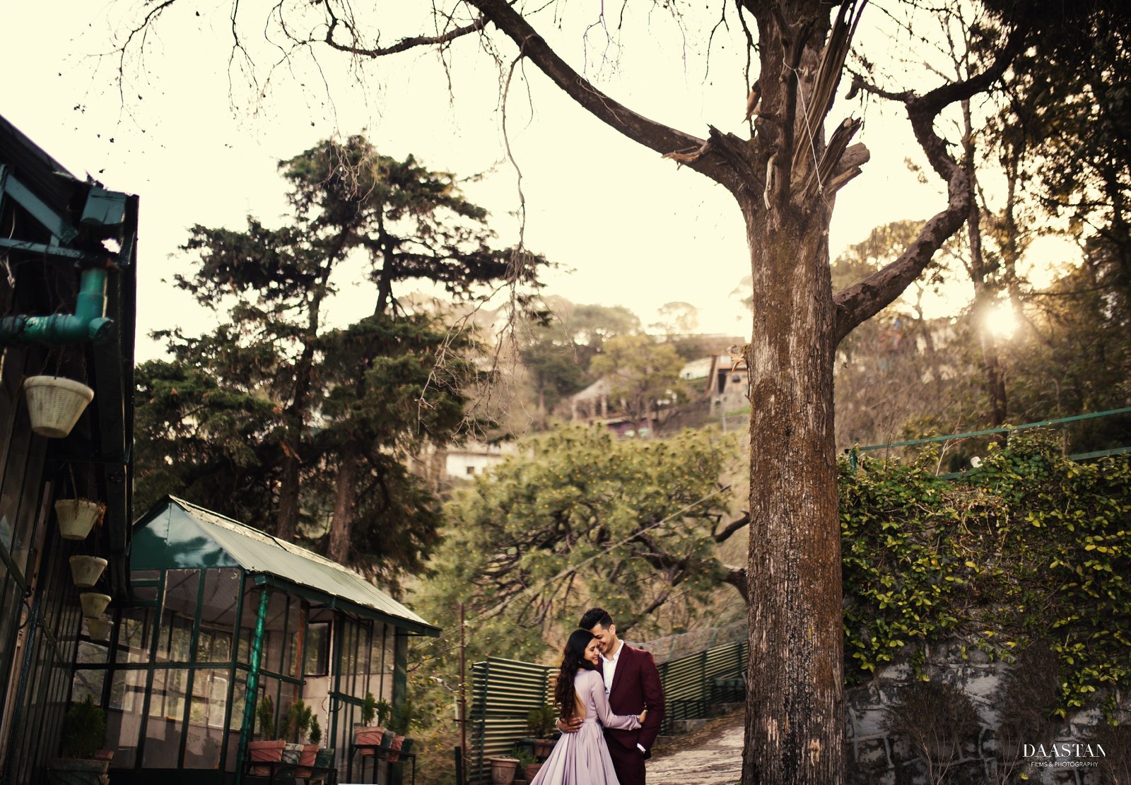 Couple in golden hour at greenhouse during pre-wedding shoot, Indian photography