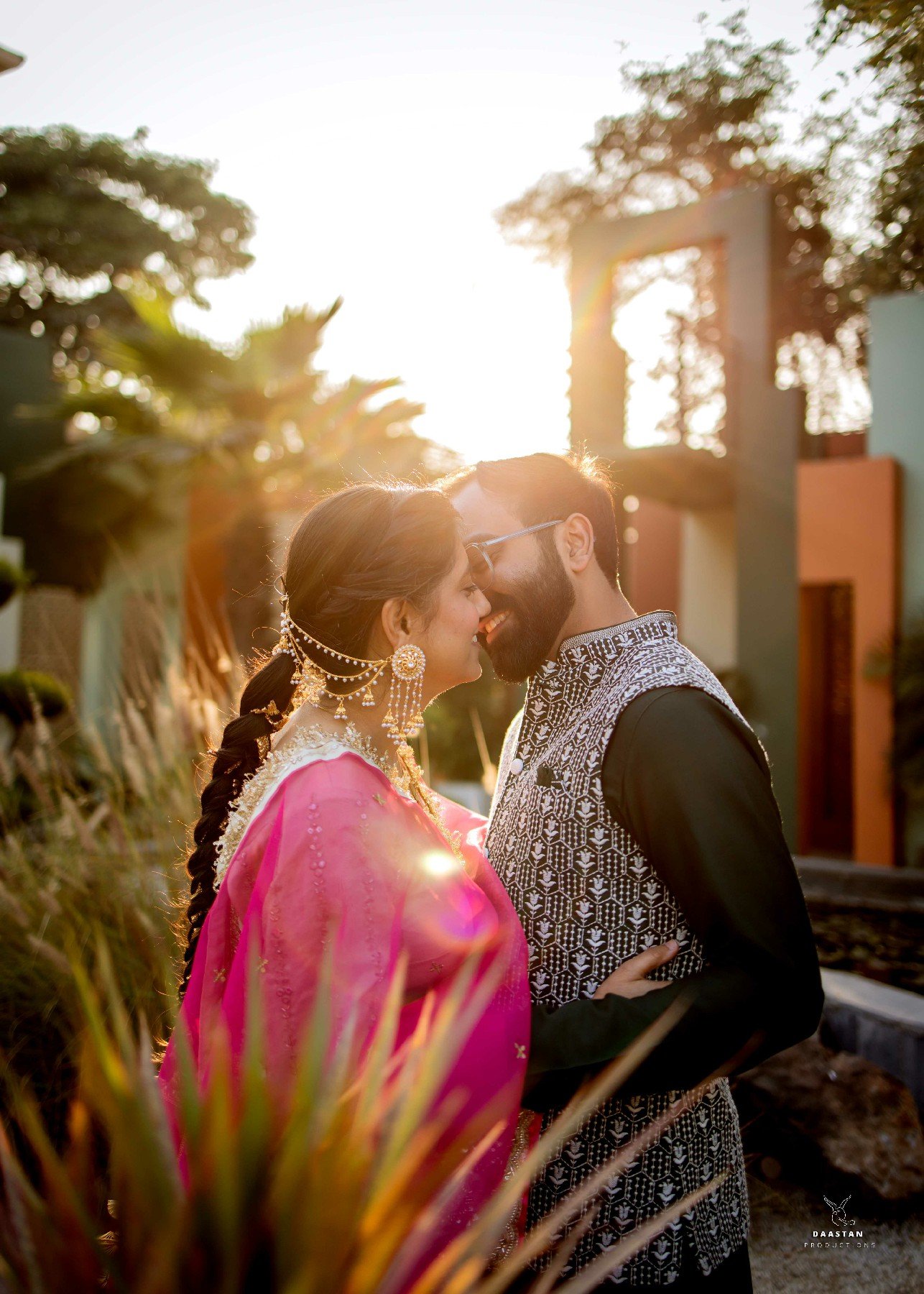 Couple in golden hour light with mountains during pre-wedding shoot, Indian couple photography