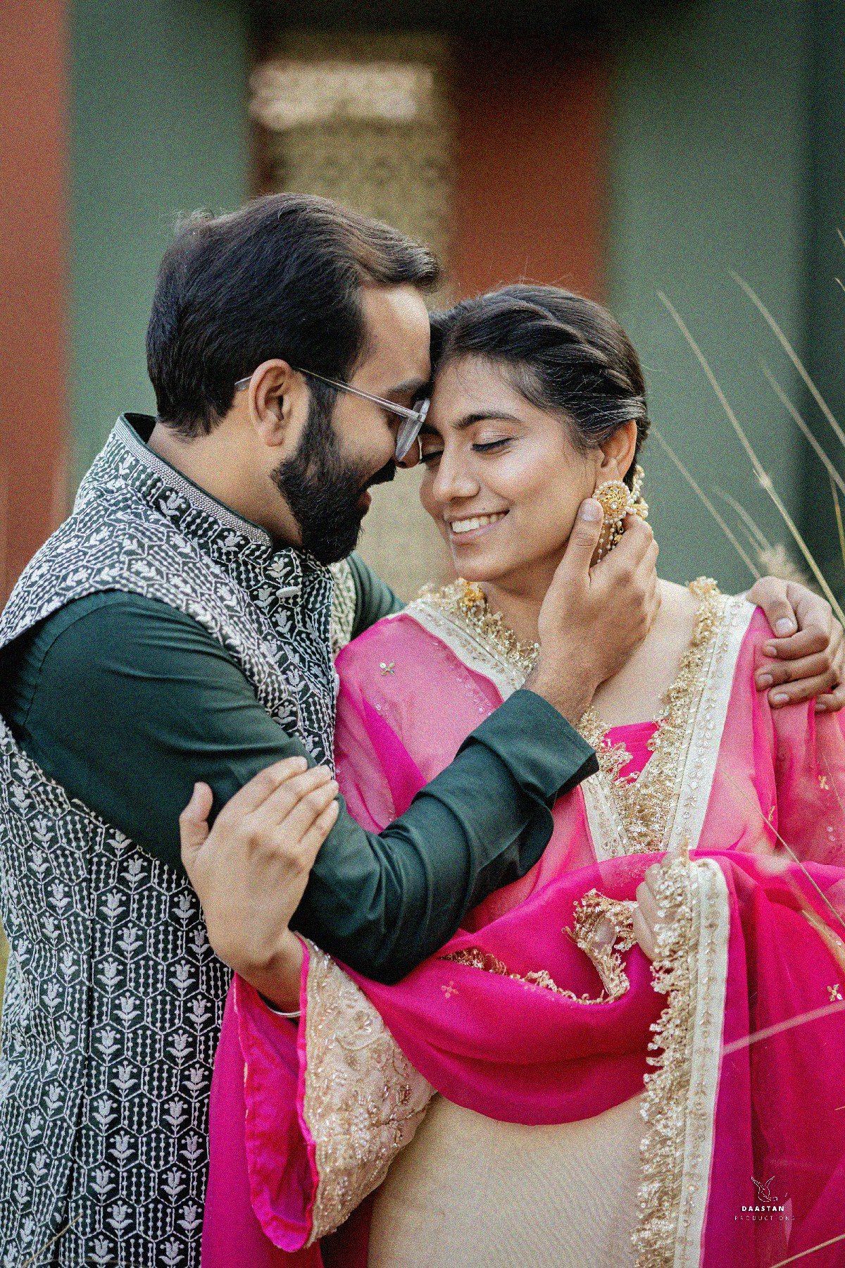 Romantic couple portrait in golden hour light during pre-wedding shoot, Indian photography