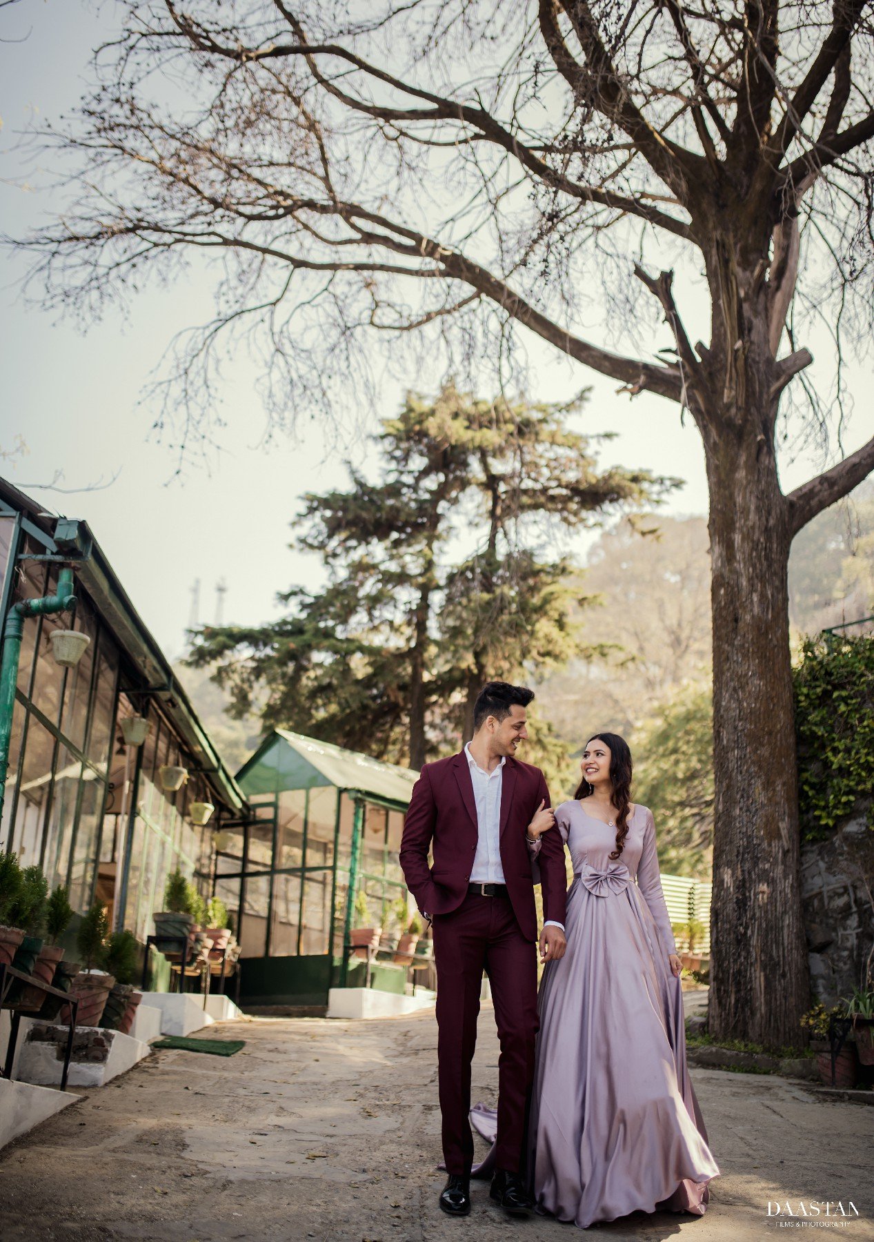 Full portrait of couple at greenhouse during pre-wedding shoot, Indian couple photography