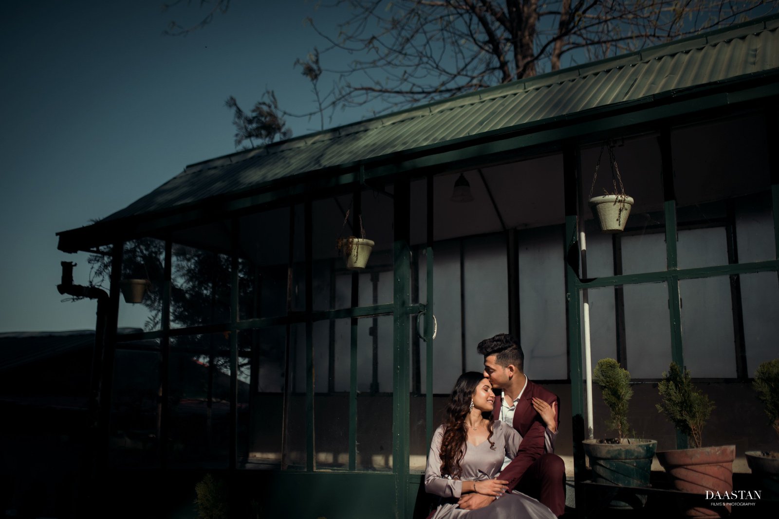 Couple outdoor portrait at greenhouse during pre-wedding shoot, Indian couple photography