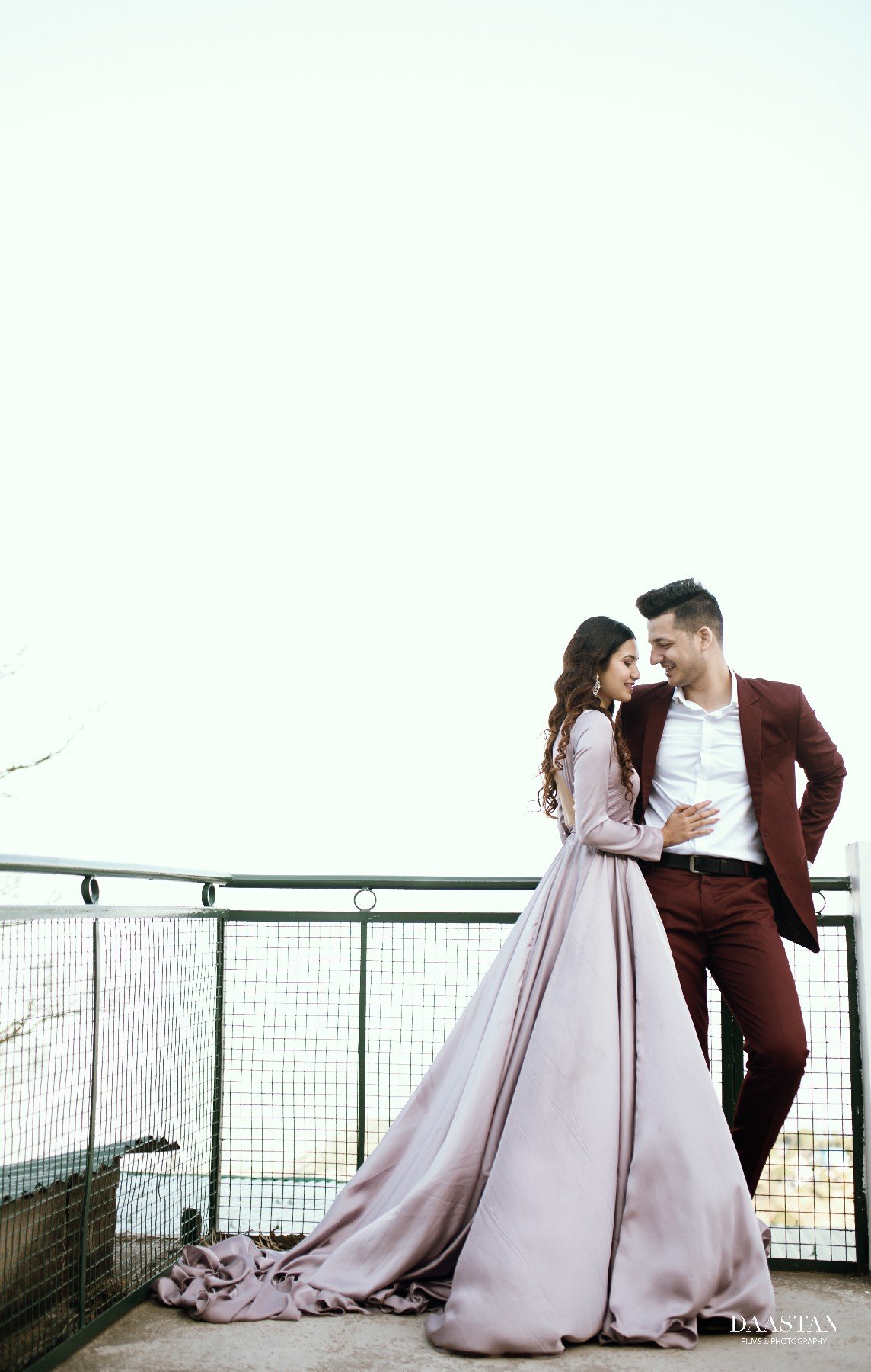 Couple with lavender gown on terrace during pre-wedding shoot, Indian couple photography