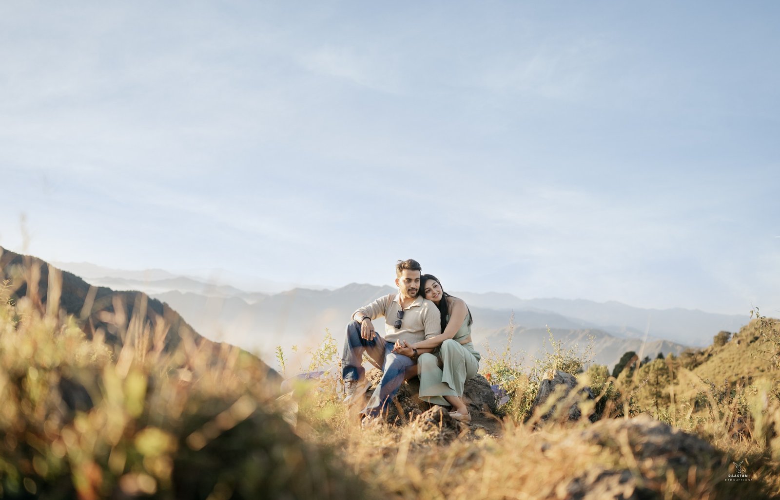 Couple in mountain golden hour landscape during pre-wedding shoot, Indian couple photography