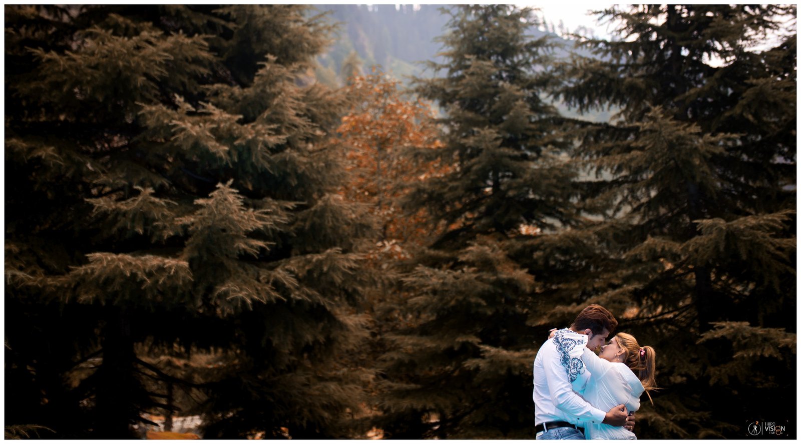 Couple in pine forest outdoor pre-wedding portrait, natural Indian wedding photography