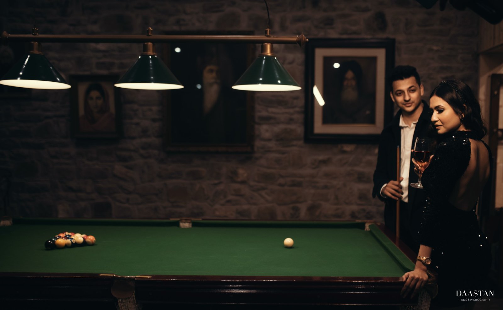 Couple at pool table in black and white pre-wedding shoot, creative Indian photography