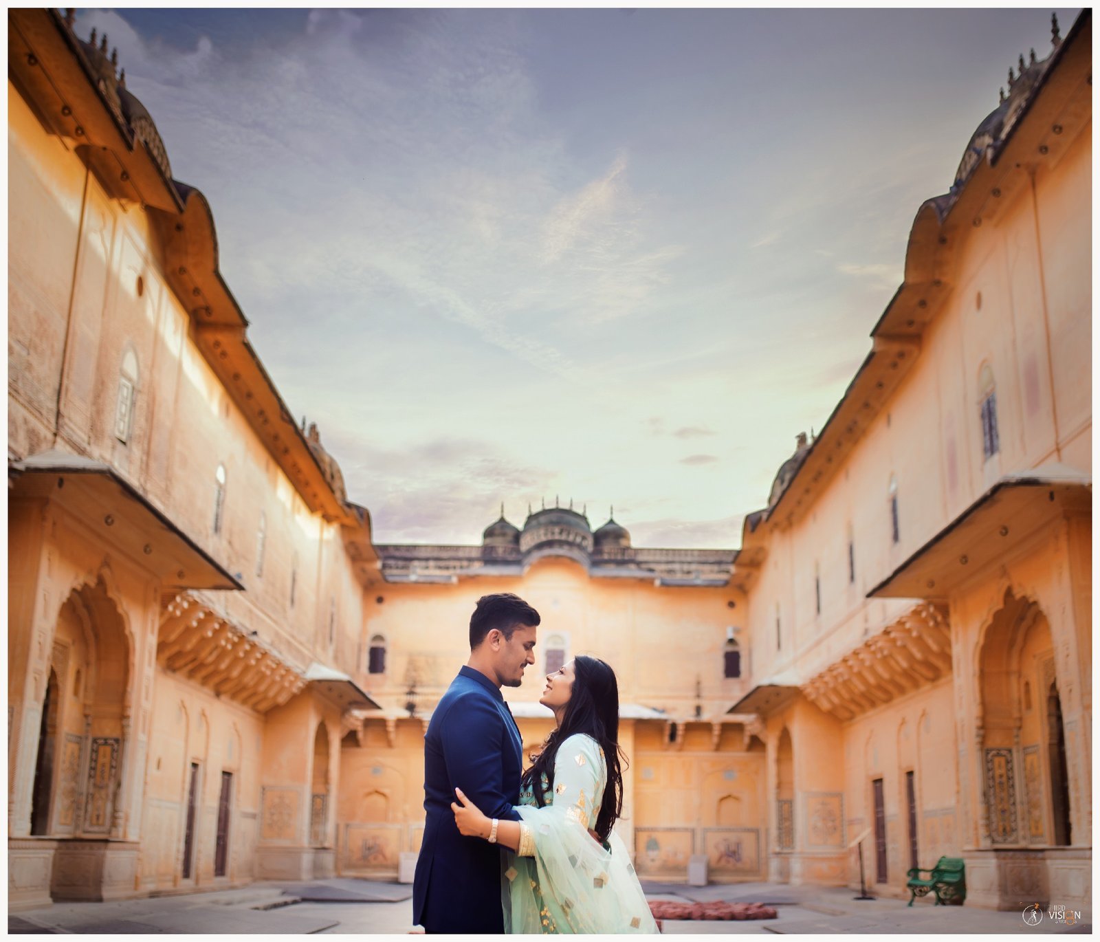 Couple in Rajasthan heritage courtyard during pre-wedding shoot, destination couple photography India