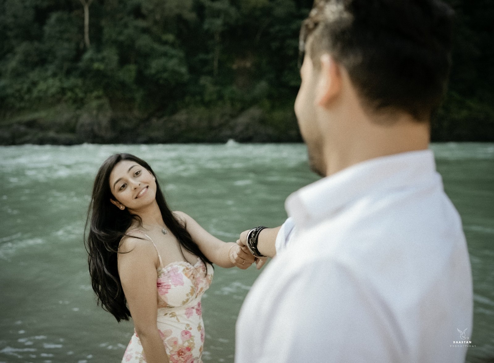 Couple at Rishikesh riverside during pre-wedding shoot, destination Indian couple photography
