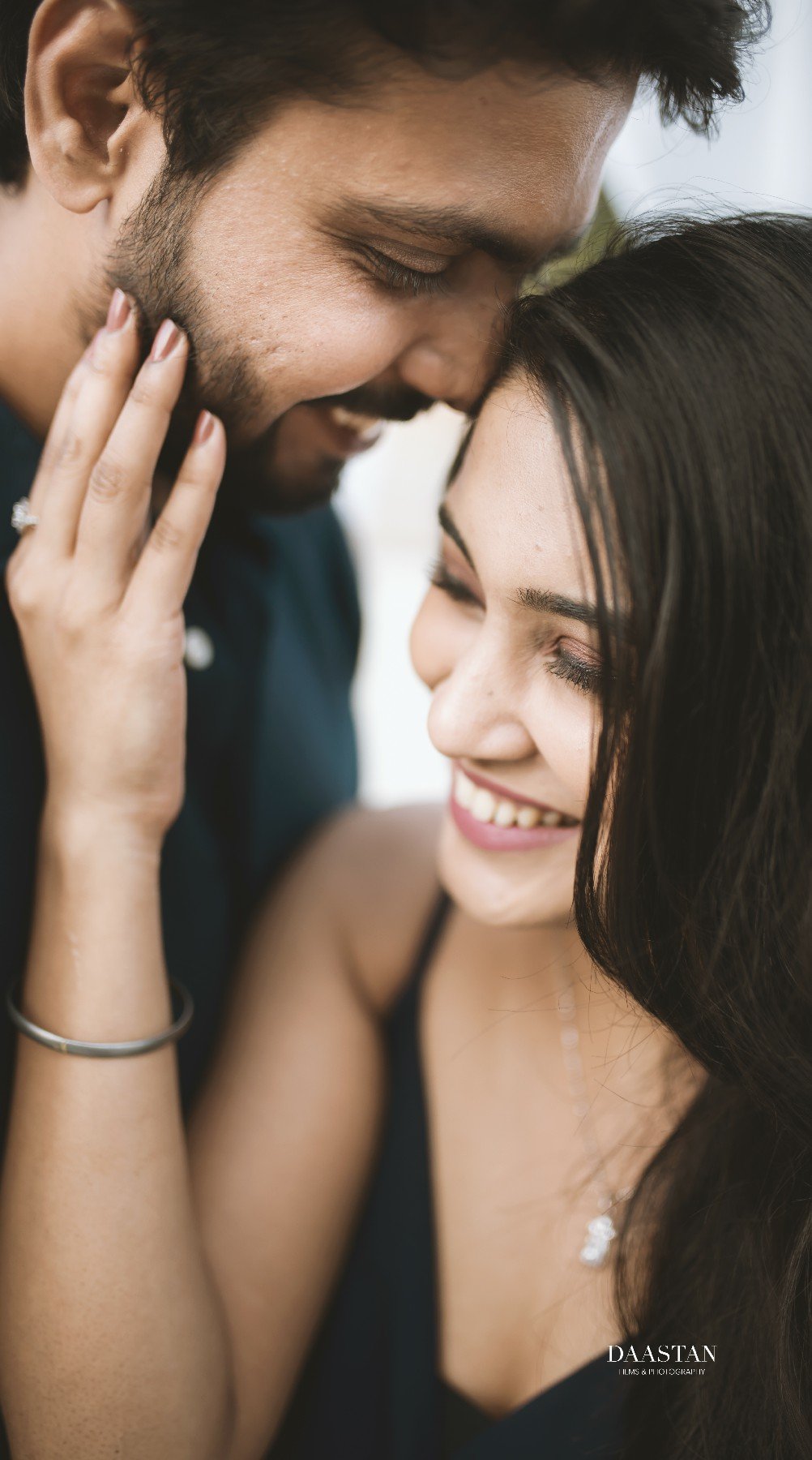Romantic close-up pre-wedding portrait of couple, cinematic Indian couple photography