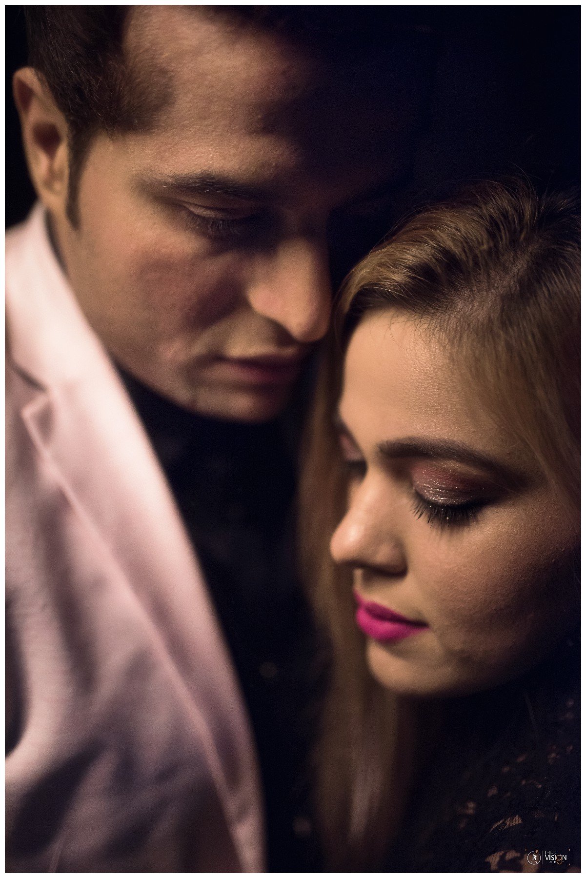 Intimate romantic close-up pre-wedding portrait of couple, cinematic Indian photography