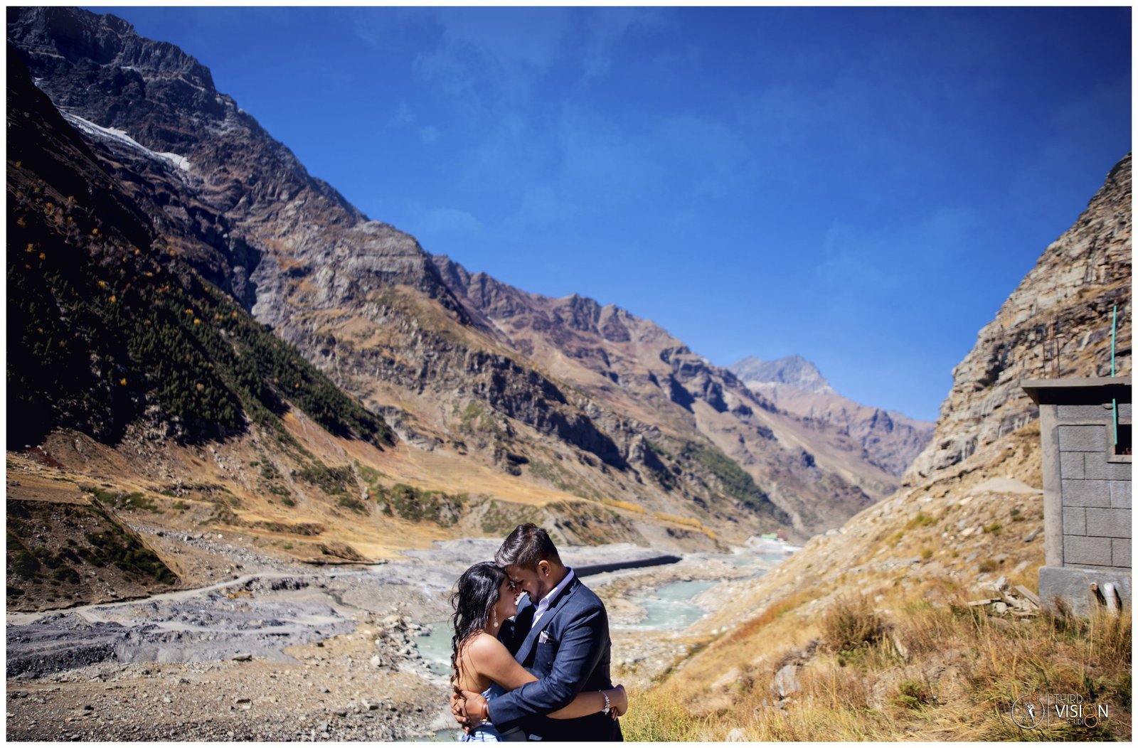 Couple at Spiti Valley mountains during pre-wedding shoot, destination Indian couple photography