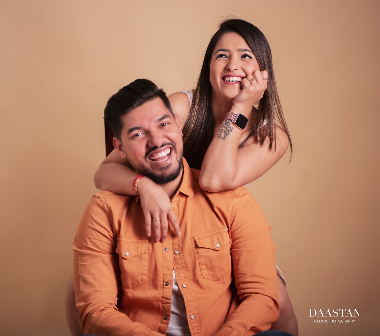 Romantic studio pre-wedding portrait of couple, professional Indian couple photography